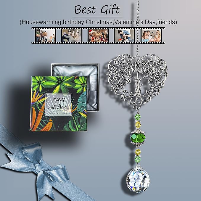 Tree of Life Heart Crystal Suncatcher Prism Rainbow Maker Window Decor | Tree of Life Heart Shaped Crystal Drop Prism Suncatcher Hanging Ornament for Window Garden Home Office Wedding Party Decor