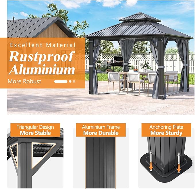 GARTOO 9.5x9.5FT Outdoor Hardtop Gazebo with Double Roof - Aluminum Heavy-Duty Steel Top Gazebo with Breathable Netting & Privacy Curtain for Patio, Porch, Garden, Lawn, Deck, Backyard