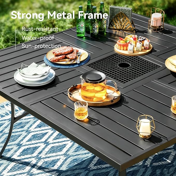 9 Pieces Outdoor Dining Table 60"x60" + 8 Patio Dining Chair Set, Square Patio Dining Table and Chairs with Stable Metal Frame for Garden, Backyard, Umbrella Hole Design, Suitable for 8 People