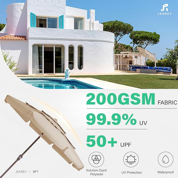 JEAREY 3 Tiers 9 FT Patio Umbrellas Outdoor Table Umbrella with Push Button Market Umbrella 8 Sturdy Ribs UV Protection Waterproof for Garden,Beige