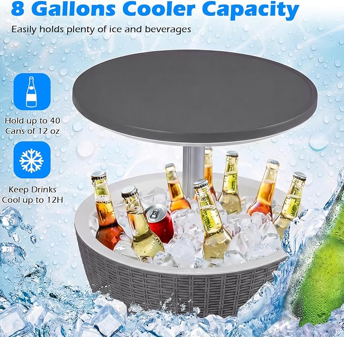 COSTWAY Outdoor Cool Bar Table, 8 Gallon Beer and Wine Cooler, Height Adjustable Rattan Style Cocktail Patio Bar Tables, 3-in-1 Ice Cooler with Drainage Plug for Deck, Pool, Party, Beach (Gray)