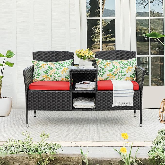 Devoko Outdoor Patio Loveseat Modern Rattan 2-Seat Patio Conversation Set with Cushions & Built-in Coffee Table Porch Furniture for Garden Lawn Backyard (Red)