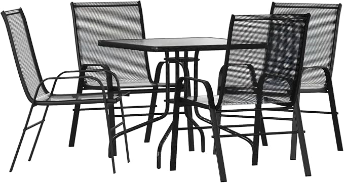 Flash Furniture Brazos Series 5-Piece Glass Patio Table and Chairs Set, Outdoor Patio Dining Set with Square Table and 4 Sling Patio Chairs, Black