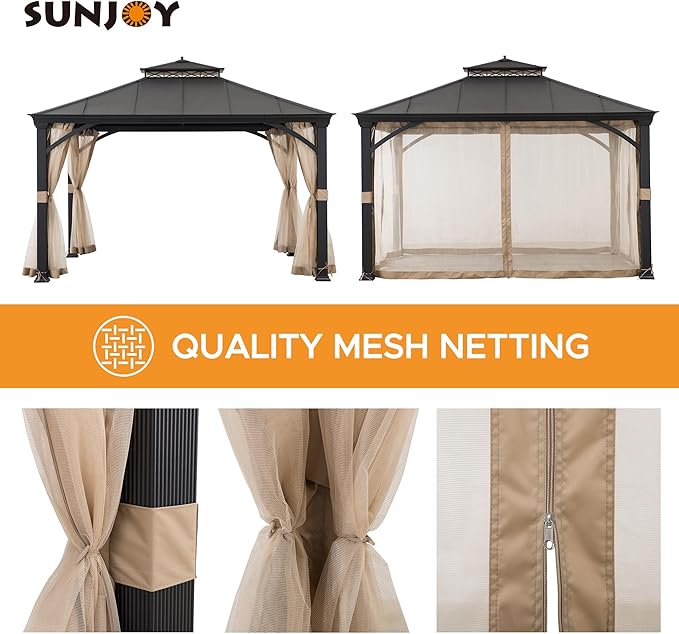 Sunjoy Hardtop Gazebo 11 x 13 ft. Outdoor Patio Black Anti-Rust Aluminum Frame, Double Tiered Gazebo with Ceiling Hook and Mesh Netting, Black
