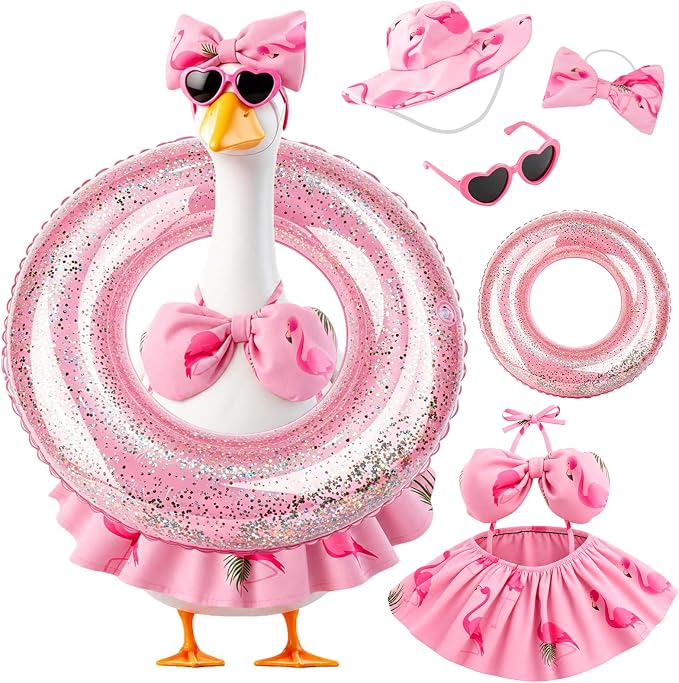 Summer Porch Goose Outfits Bikini - Hawaiian Porch Goose Clothes with Sunglasses and Swimming Ring for 23" Cement Goose Statue, Pink Flamingos Lawn Geese Costume Garden Yard Decor