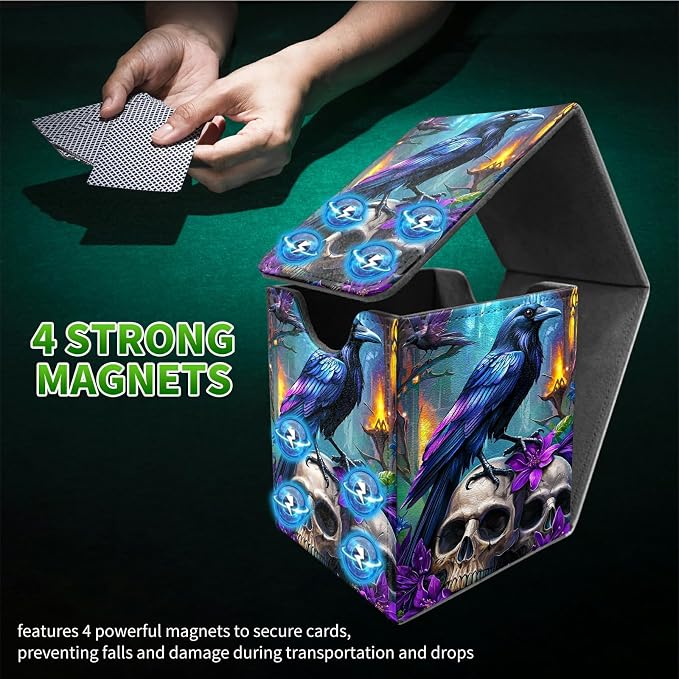 Deck Box for MTG, Cards Storage Box Fits 120+ Sleeved, Leather Medium Size Strong Magnetic Closing Card Case for Board Games Magic TCG CCG Baseball Collection, Purple Flower Eagle