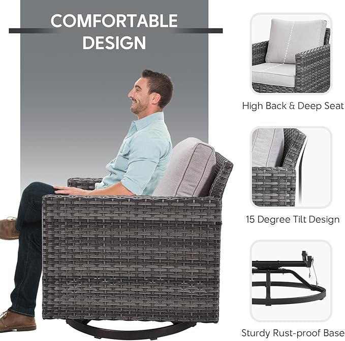 4 Piece Wicker Patio Furniture with Fire Pit Table - Outdoor Conversation Set with 50,000 BTU Fire Pit, All Weather Rattan Patio Set for Deck Backyard Garden - Grey Wicker Beige Cushion