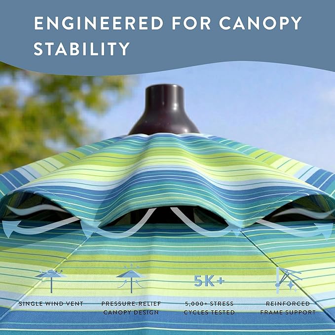 California Umbrella 12-Year Protection 9-Ft Outdoor Patio Umbrella, Sunbrella Fade-Resistant Fabric, Auto-Tilt, Heavy Duty Aluminum Frame, 8 Reinforced Ribs for Pool or Deck, Bronze Pole, Seville Seaside