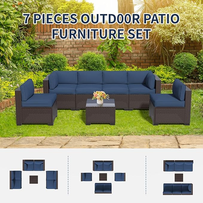 7 Piece Patio Furniture Set, Wicker Patio Conversation Sets, Outdoor Sectional Furniture with Tempered Glass Table, for Backyard, Deck, Garden, Dark Brown Rattan & Navy Blue Cushions