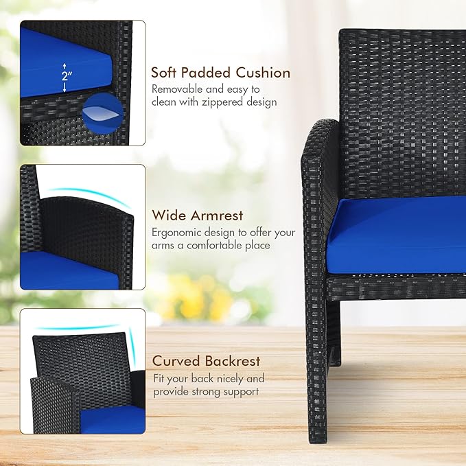 DORTALA 8 Pieces Patio Wicker Conversation Furniture Set, Outdoor Rattan Sofas with Bistro Sets with Coffee Table for Courtyard Balcony Wicker Chairs with Soft Cushion and Table, Navy