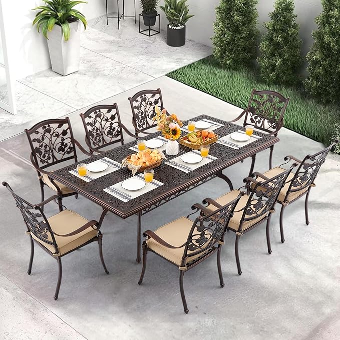 9 Piece Strawberry Outdoor Dining Set Cast Aluminum Retro Patio Dining Set for 8 Includes 86.6’’ Rectangular Table and 8 Chairs with Thicker Cushion and Umbrella Hole for Patio Deck Garden