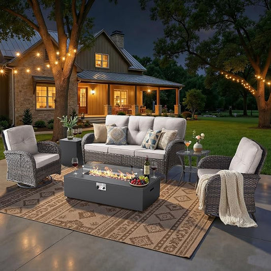HUMMUH Luxury Patio Furniture Set with High Back Swivel Rocker Chairs & 3 Seater-Couch & Steel Fire Pit Table 5 Pieces Outdoor Conversation Set for Porch,Deck,Backyard