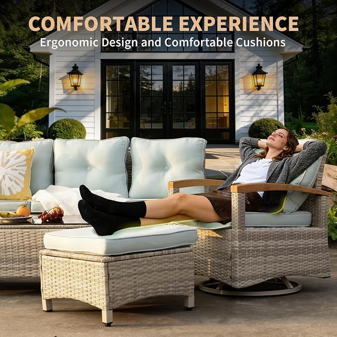 MEISSALIVVE 8 Pieces Patio Furniture Sets, PE Wicker Outdoor Conversation Sets with 2 Wood Armrests Swivel Rocker Chairs, 2 Ottomans, 2 Sofa and Dining Table (Blue)