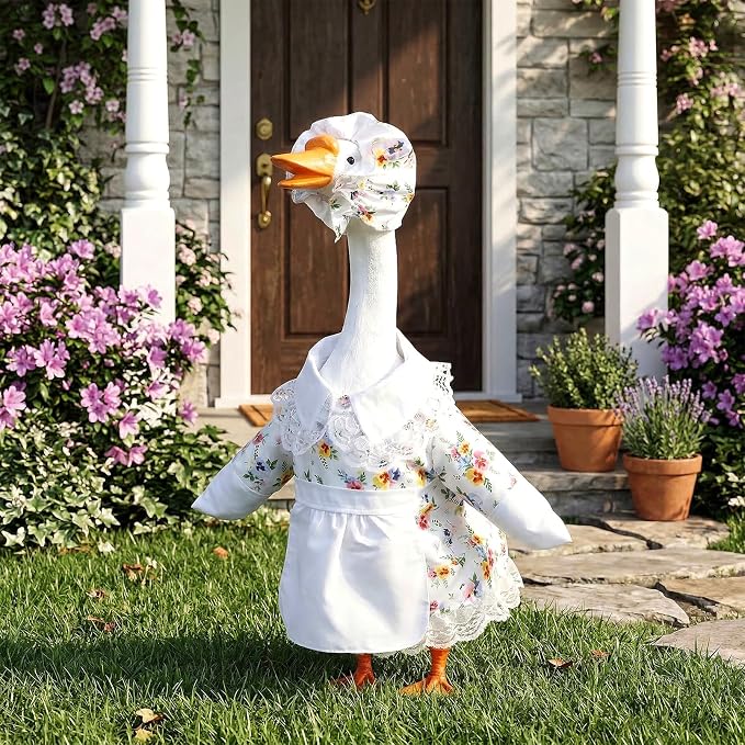 Spring Porch Goose Outfit Flower Porch Goose Clothes for 23 Inch Lawn Cement or Plastic Geese Statue Geese Skirt Costume with Hat Dress for Spring Outdoor Patio Yard Garden Holiday Decoration