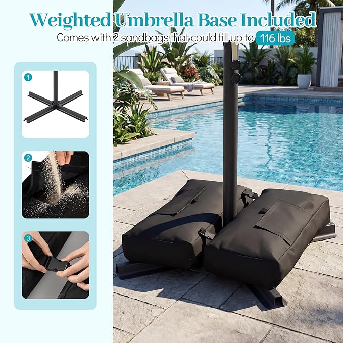 Tangkula 8x8 FT Patio Umbrella with Base Included, Square Offset Cantilever Outdoor Umbrella with 360 Degree Rotation, Crank Handle, Sandbags, 8 Ribs for Pool Deck Garden Backyard