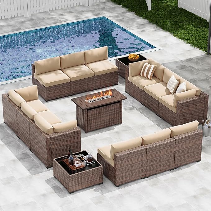LazySunsets 15-Piece Patio Furniture Set with 44" Fire Pit Table, Wicker Outdoor Furniture, Patio Conversation Sets with Coffee Table, Outdoor Sectional Couch with Waterproof Cover, Beige