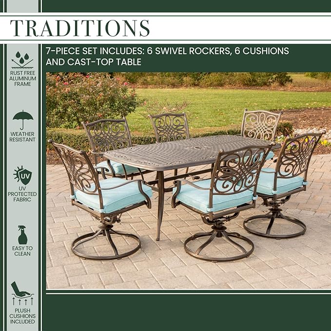 Hanover Traditions 7-Piece Outdoor Dining Set for 6 with Blue Cushions, 6 Swivel Rockers and Aluminum Rectangular Dining Table, Rust-Resistant, Patio Dining Set