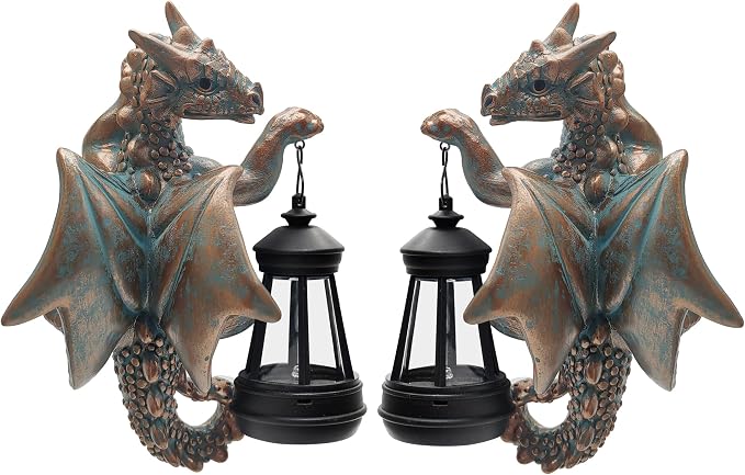 Goodeco Dragon Tree Hugger Garden Statue with Solar Lantern - 2 Pack 9.3 Inch Resin Dragon Decor for Outdoor, Perfect Dragon Gifts & Yard Decor（Bronze, 2-Pack）