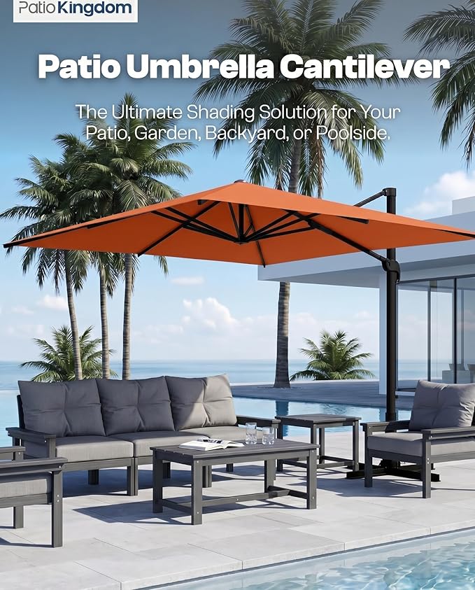 8' X 8' Patio Umbrella, Cantilever Umbrella with 360°Rotation, Offset Patio Umbrella with Easy Tilt & Fade Resistance for Pool Deck Garden Backyard, Orange (Base not Included)