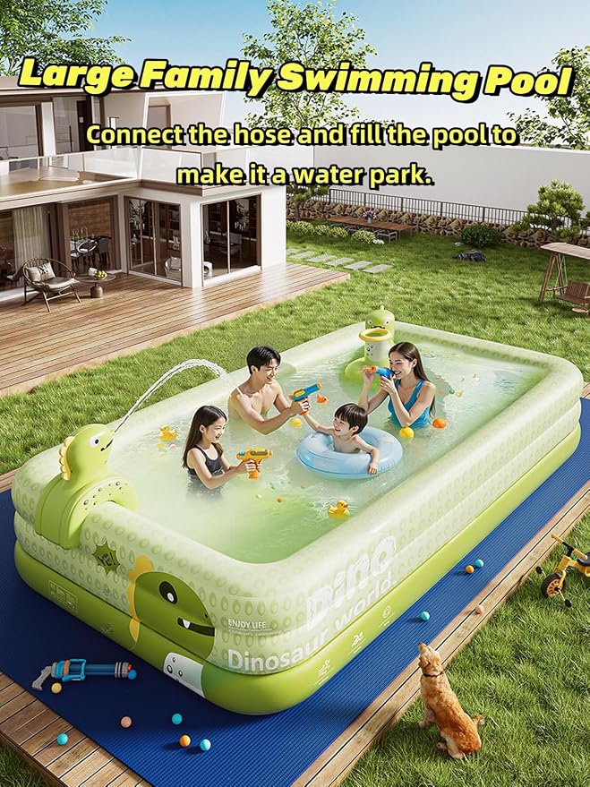 Inflatable Swimming Pool with Canopy & Air Pump & Inflatable Water Spray Gun, 118" Swimming Pool for Adults, Large Blow Up Pool Ideal for Family Backyard Garden Party, Outdoor Summer Fun