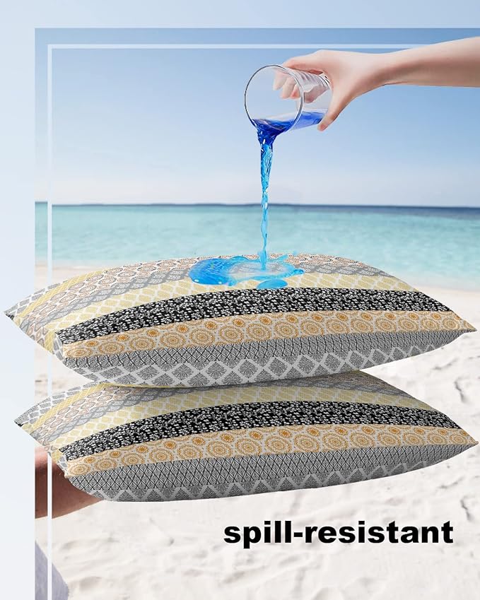 Outdoor Waterproof Throw Pillow Covers Set of 2 Yellow Boho Stripe Tribal Vingtage Lumbar Pillowcases 20x12 Inches Bohemian Style Decorative Pillows Cushion Case Patio Pillows for Couch Bed Garden