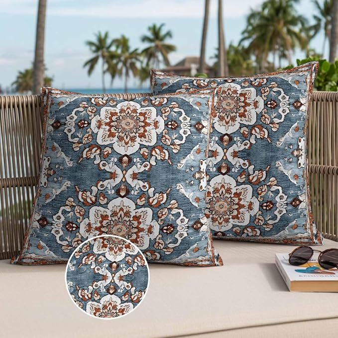 Blue Bohemian Waterproof Outdoor Pillow Covers Set of 2 Home Decor, Retro Pattern Oriental Farmhouse Ethnic Pillowcase Patio Pillow Covers for Couch Bench Furniture Garden 26x26in
