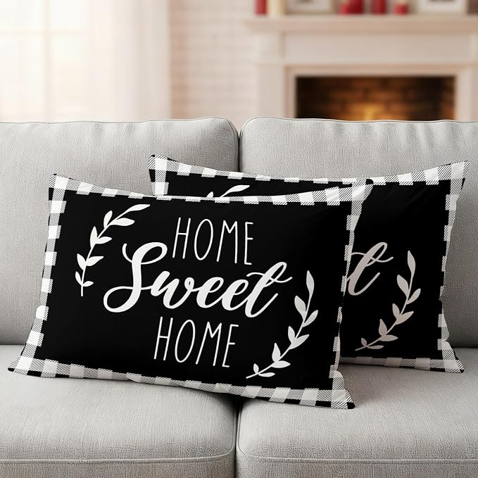 Home Sweet Home Waterproof Outdoor Pillow Covers Set of 2 Home Decor, Leaves Black Buffalo Plaid Lumbar Pillowcase Patio Pillow Covers for Couch Bench Patio Furniture Garden 20x12in