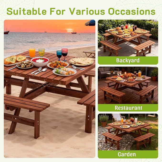 KEIKI 8-Person Square Picnic Table with Benches & Umbrella Hole, Waterproof Outdoor Dining Table with Sturdy Cross Base, Patio Table Set for Backyard Garden Camping, Brown