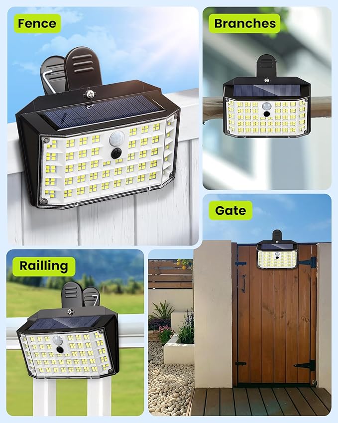 Clip on Solar Lights Outdoor with Motion Sensor, 800LM 176LED Solar Fence Lights Outdoor Waterproof, 3 Modes & Portable Security Lights for Chain Link Patio Deck Yard Garage(4Pack)