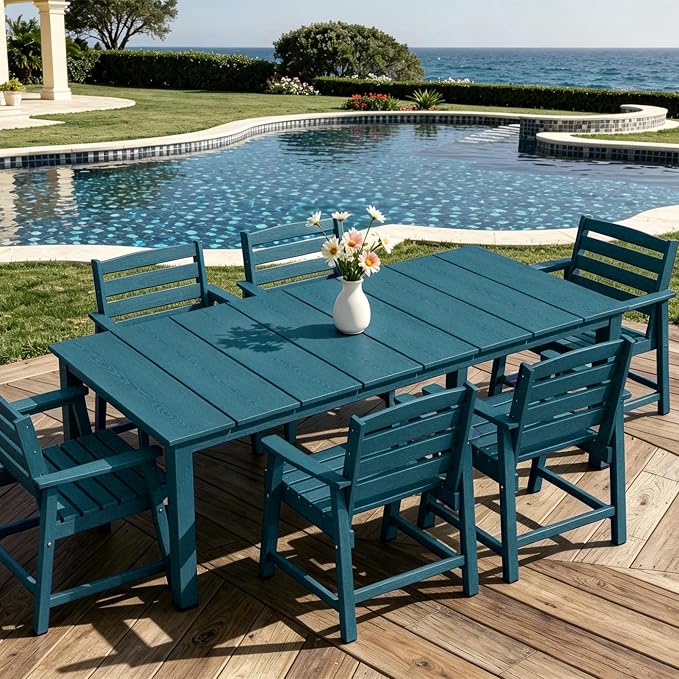 AreShark 7-Piece Outdoor Dining Set,HDPE Patio Table with 6 Chairs,All-Weather Patio Furniture Set with Umbrella Hole,Low Maintenance Wood Grain Dining Set for Backyard,Garden,Poolside,Navy Blue