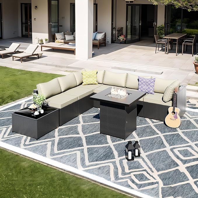 Patio Furniture Set with Fire Pit, All-Weather Outdoor Sectional Patio Furniture Set Including 7-Seated Sofa, 28" Gas Fire Pit Table,Coffee Table for Any Patio,Light Grey