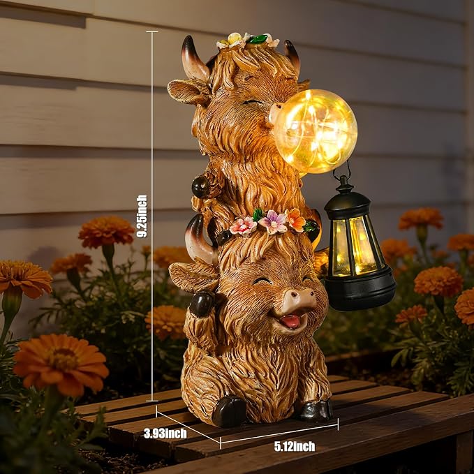 Joint Honglin Solar Highland Cow Garden Statue, Cute Resin Outdoor Decor with Glowing Lantern & Light-Up Bubble, Waterproof Solar Yard Ornament for Lawn, Patio & Garden Decorative Gift (Brown Cow)
