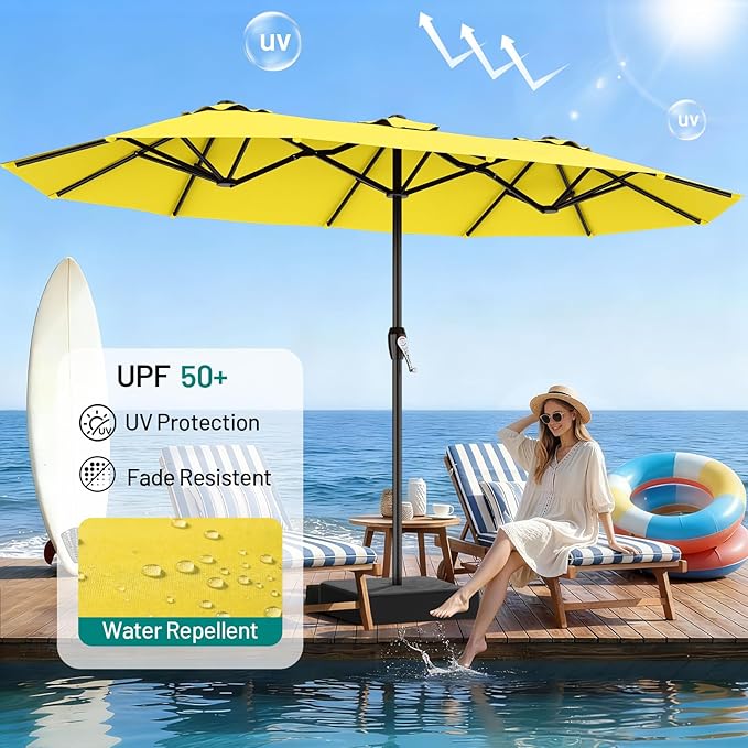 AreShark 15ft Patio Umbrella with Base, Double Sided Outdoor Umbrella with 12 Fiberglass Ribs, Large Outdoor Umbrella for Garden, Pool, Deck, Backyard & Market, Yellow