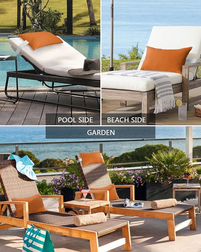 Outdoor Pillow for Chaise Lounge Chair, Fall Pure Orange Solid Color Waterproof Recliner Headrest Pillow Lumbar Pillows with Adjustable Elastic Strap for Beach, Poolside, Patio, Office (2 Pack)