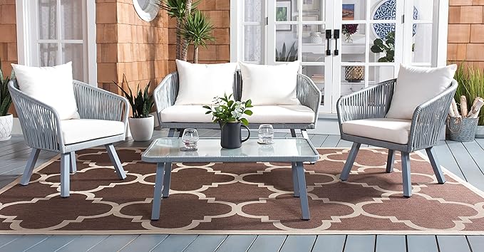 Safavieh Outdoor Collection Jorda Wicker Cushion 4-Piece Rope Patio Backyard Living Set PAT7518A, Grey/Beige