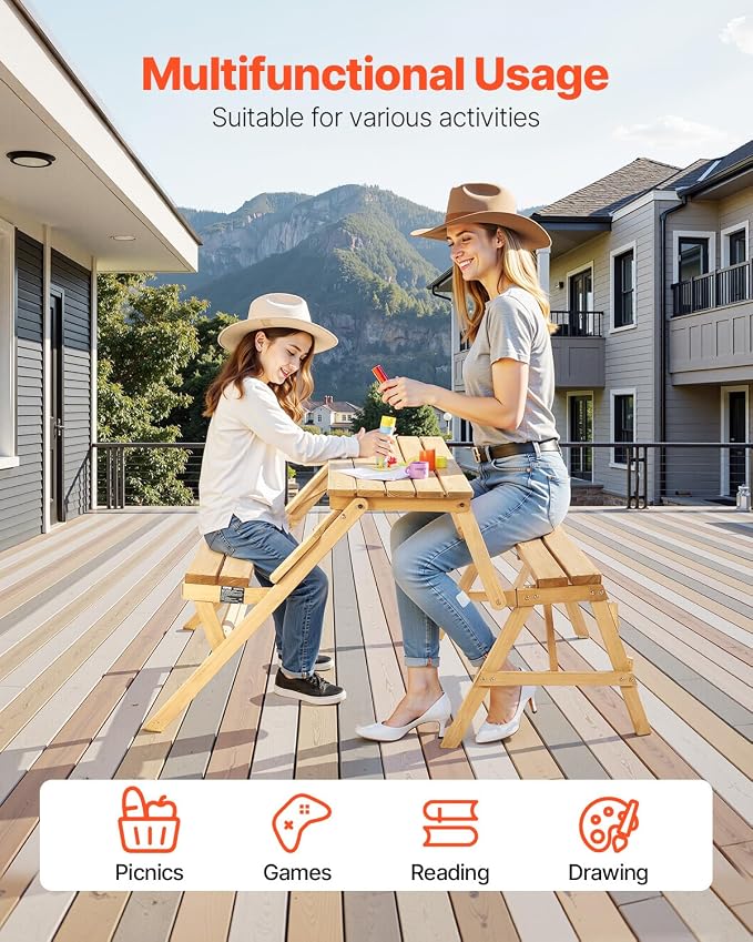 VEVOR 2-in-1 Transforming Interchangeable Picnic Table, Outdoor Wooden Table and Bench Set, Portable Foldable Bench with Umbrella Hole, Patio Dining Furniture for Garden, Backyard, Porch (Brown)