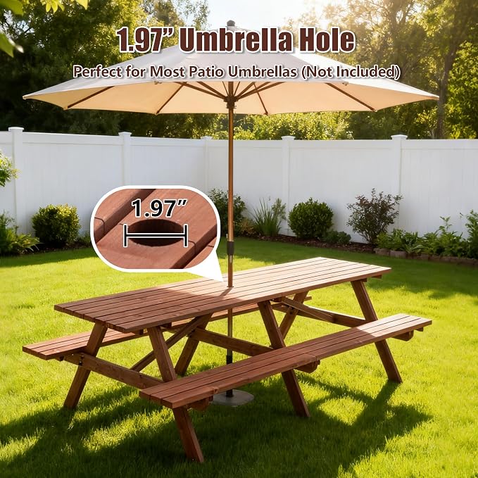 Hohuqeri Picnic Table Bench Set for 12 Persons, 8FT Large Camping Table, Wood Outdoor Dining Beer Table Set with 2” Umbrella Hole for Patio Lawn Garden (Brown)
