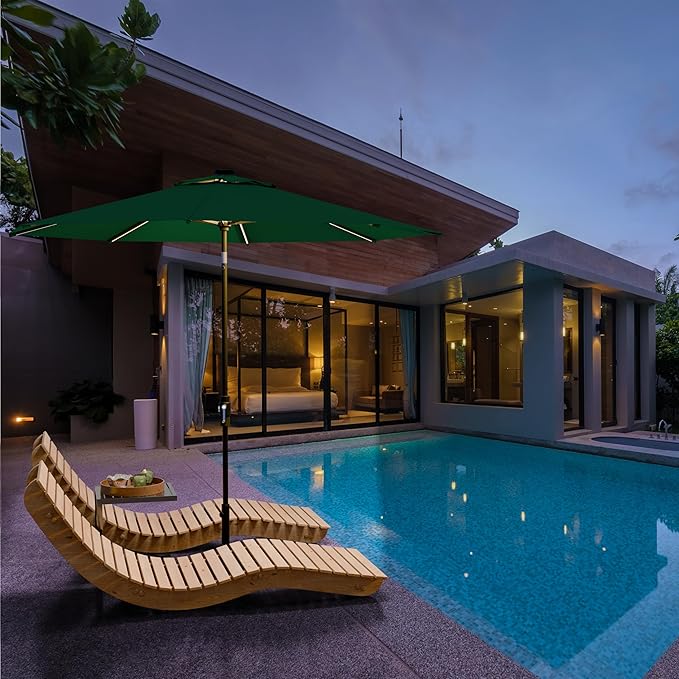 Midtown Umbrellas Led Swilt Sunbrella Umbrella, 8 Foot Patio Umbrella In Sunbrella Forest Green Acrylic Fabric - Deck Patio Umbrella, Backyard Umbrella, Garden Umbrella & Pool Umbrella - Black Pole