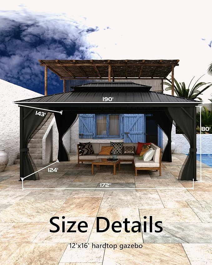 GarveeLife 12 ft x16 ft Hardtop Gazebo for All Weather, with Double Metal Roof, Aluminum Alloy Frame, Net, and Curtain, Permanent Building for Patio, Deck, Backyard, Lawn, and Garden, Gray