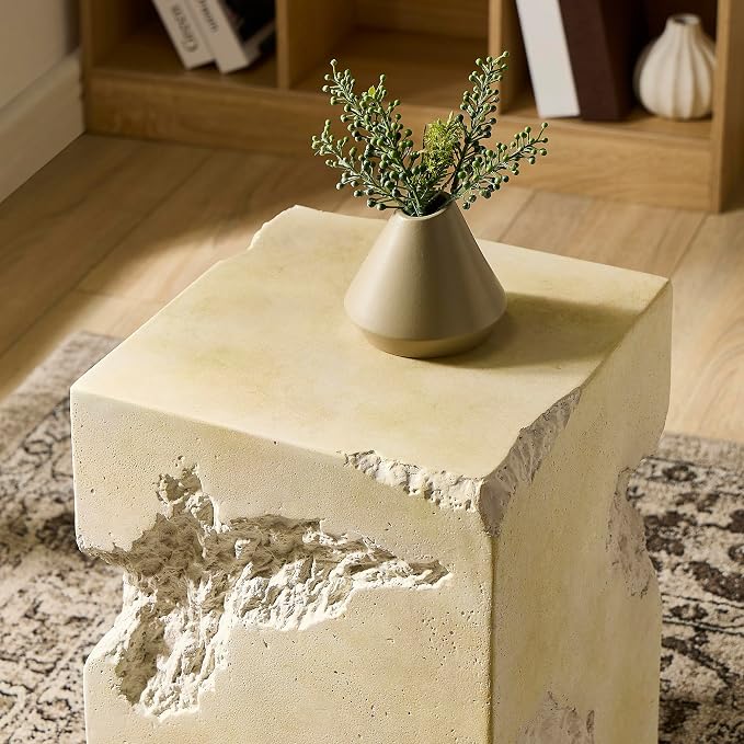 Morden Fort Modern Concrete Side Table, Sculptural Lightweight Faux Marble End Table, Indoor/Outdoor Accent Stone Table for Living Room, Patio and Garden
