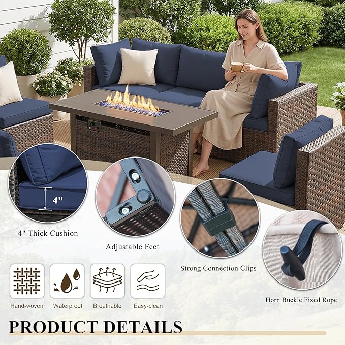 Patio Furniture Set 7 Pieces with 44" Fire Pit Table, Rattan Outdoor Sectional Conversation Sets, All Weather Outdoor Furniture Set with Cushions for Garden Lawn Balcony Porch Deck Blue
