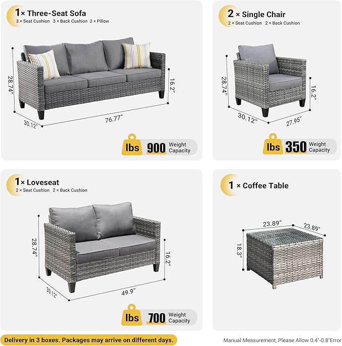 ovios 5 Pieces Patio Furniture Set, Outdoor Wicker Rattan Sofa Couch with Loveseat, Chairs, Glass Coffee Table, Conversation Sets for Yard Porch Garden, Dark Grey