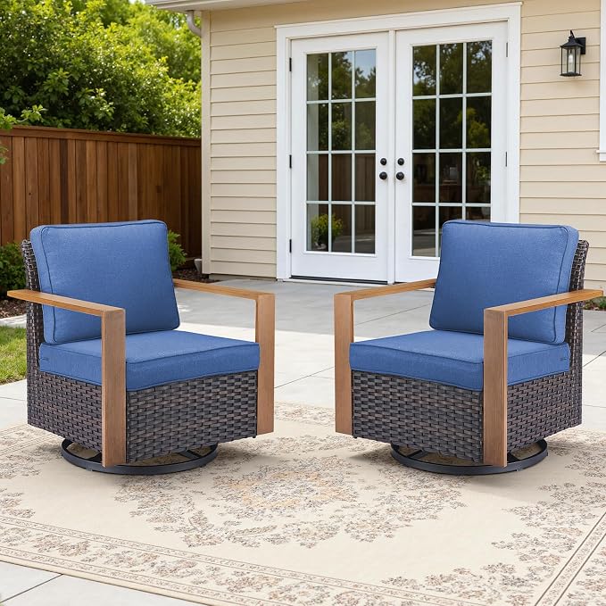 2PCS Outdoor Swivel Patio Chairs Set, All-Weather Wicker Swivel Rocker Chairs with High Back and Deep Seat, Patio Seating for Porch, Deck, Backyard and Poolside Blue