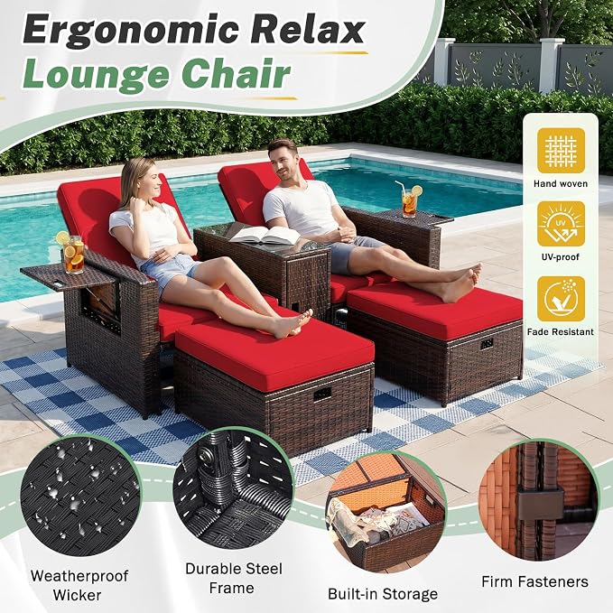 LVUYOYO 5 Piece Patio Furniture Set, Patio Wicker Conversation Set with Ottoman, Outdoor Chaise Lounge Chair with Side Table & Adjustable Backrest for Pool Backyard Garden (Brown Wicker Red Cushion)