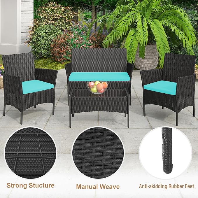 NChanmar Patio Furniture Set, 4 Pieces Outdoor Furniture Rattan Chair, Patio Table and Chairs Set, Wicker Sofa for Yard,Pool and Backyard, Blue