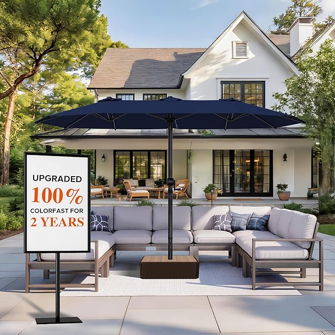 GDPFN 15ft Large Patio Umbrella with Solar Lights, Outdoor Double-Side Rectangular Umbrella, Backyard Pool Umbrella with LED Light for Deck, Outside, Market, Navy (Base Not Include)