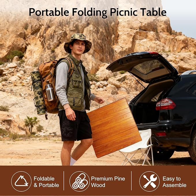 Folding Picnic Table with Table Runner and Placemat, 60*30 in Wooden Picnic Table for Outdoors, Boho Low Coffee Table for Sitting on The Floor, for Beach, Park, Garden, Camping, Travel(Brown)