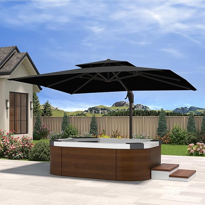 10' X 13' Cantilever Patio Umbrella Double Top Rectangular Outdoor Large Offset Umbrellas with 7 Tilts Adjustable 360°Rotation for Deck Pool Garden Backyard, Black