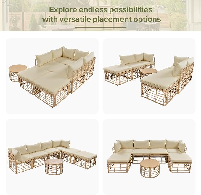 LUMISOL 7 Pieces Outdoor Furniture Set, All-Weather Rattan Sectional Sofa Set with Thick Cushions and Pillows, Freely Combined Conversation Sets for Garden, Backyard, Balcony, Brown