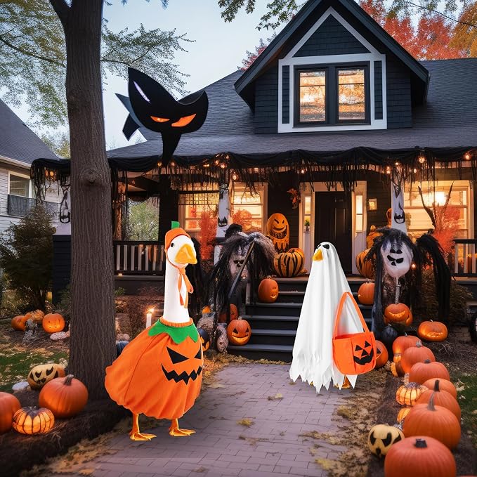 2 Set Halloween Goose Outfit Lawn Porch Goose Cloths Plastic Clothing Fall Halloween Outfit for 23 Inches Outdoor Patio Yard Lawn Art Decoration